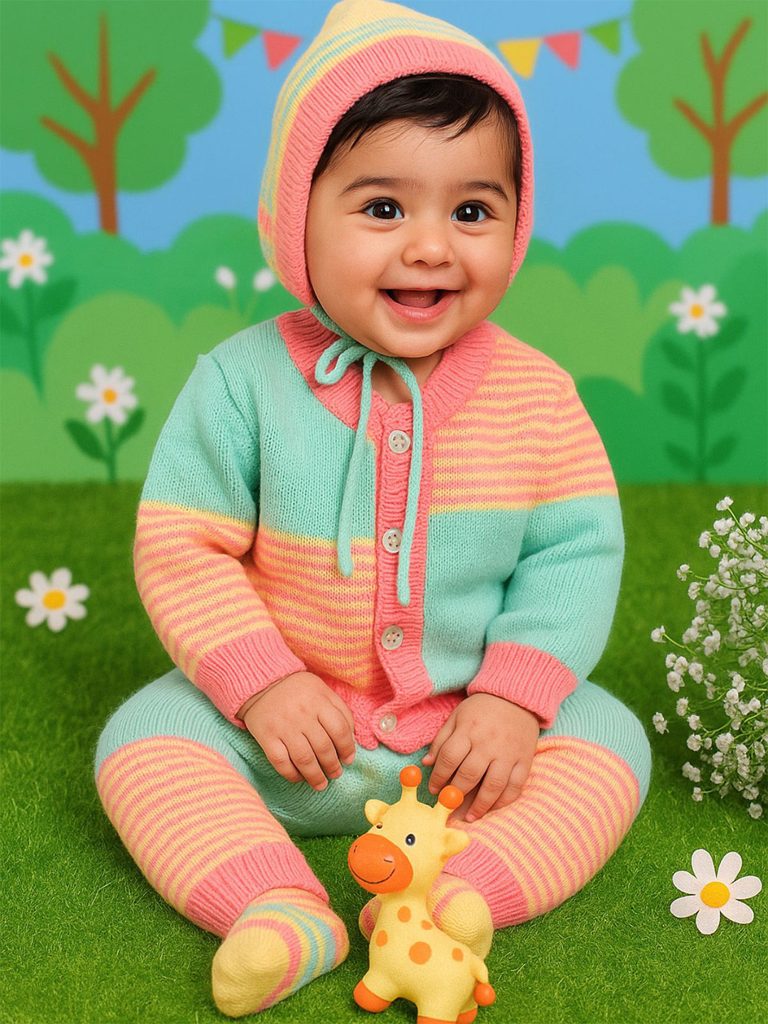 Little Angels Unisex Baby Colourblocked Woollen Cardigan Sweaters with Pant, Cap&Socks Set