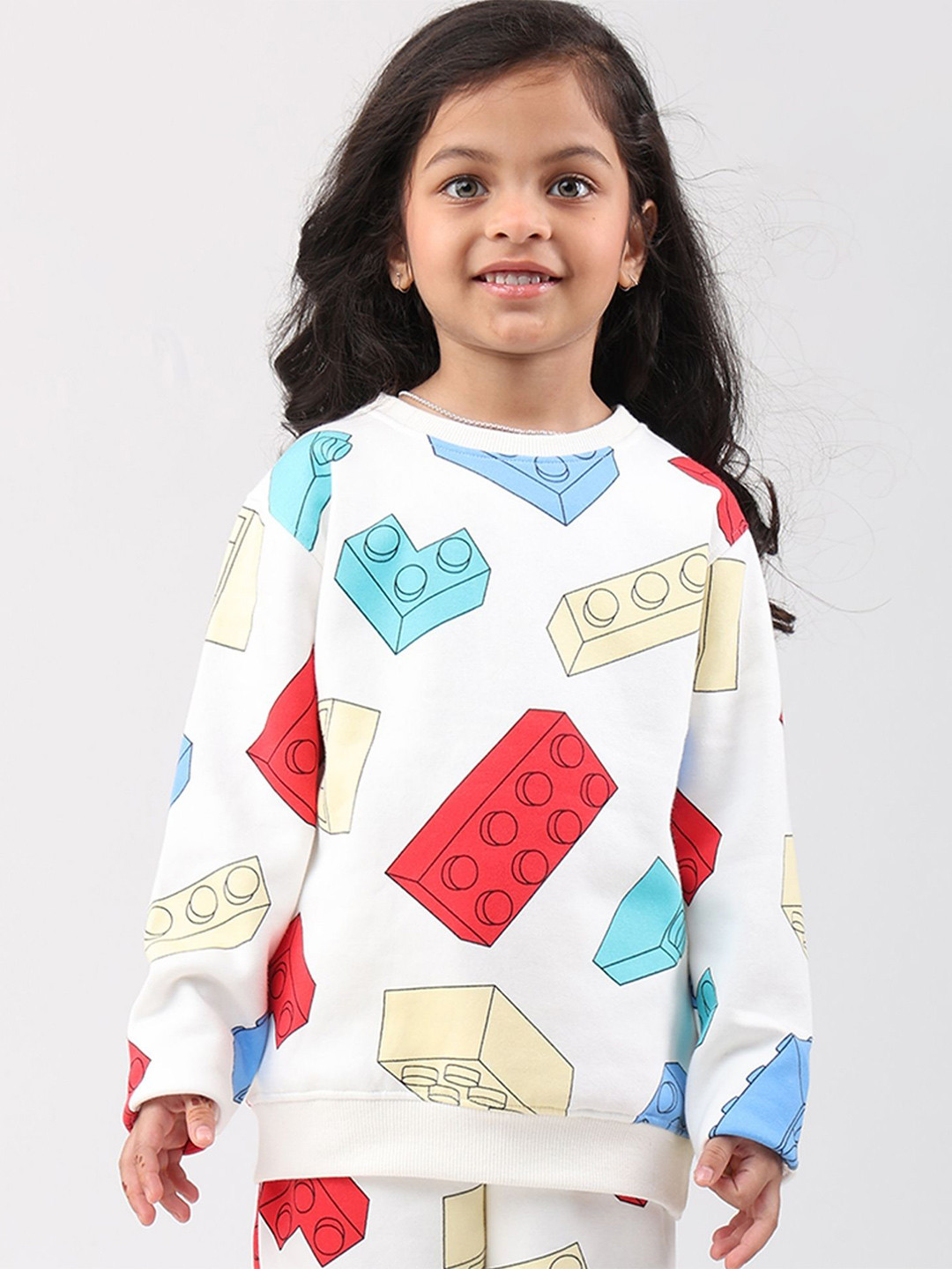 Anthrilo Girls Block Builder Printed Fleece Pullover Sweatshirt