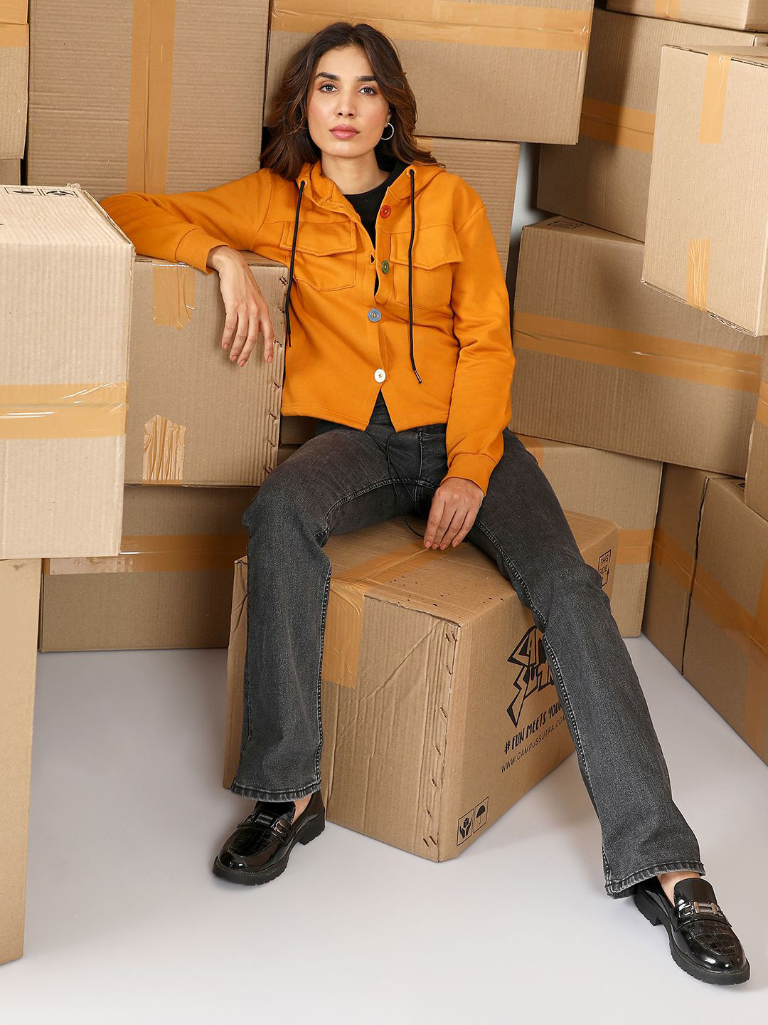 Campus Sutra Women Cotton Long Sleeves Button Hooded Front-Open Sweatshirt