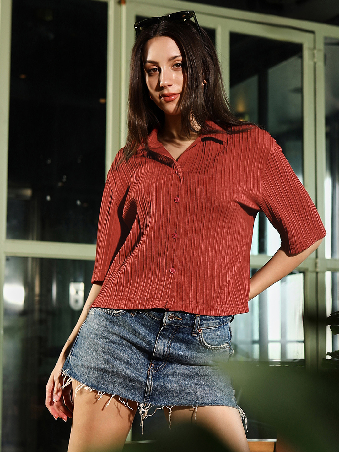 PINACOLADA Comfort Textured Three-Quarter Sleeves Boxy Casual Crop Shirt