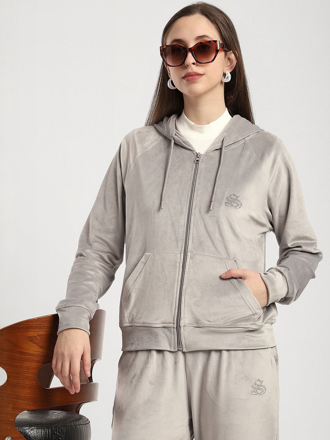 R&B Hooded Collar Velvet Sporty Jacket