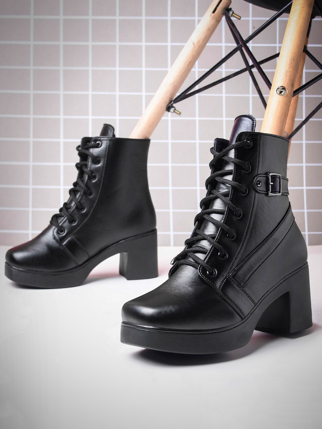 Froh Feet Women Round Toe Laced Up Ankle Boots with Side Buckle