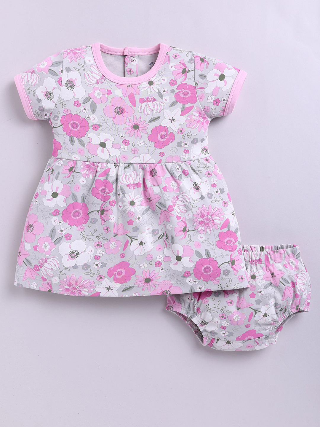 BABY GO Girls Floral Printed Round Neck Gathered or Pleated Fit & Flare Dress with Bloomer