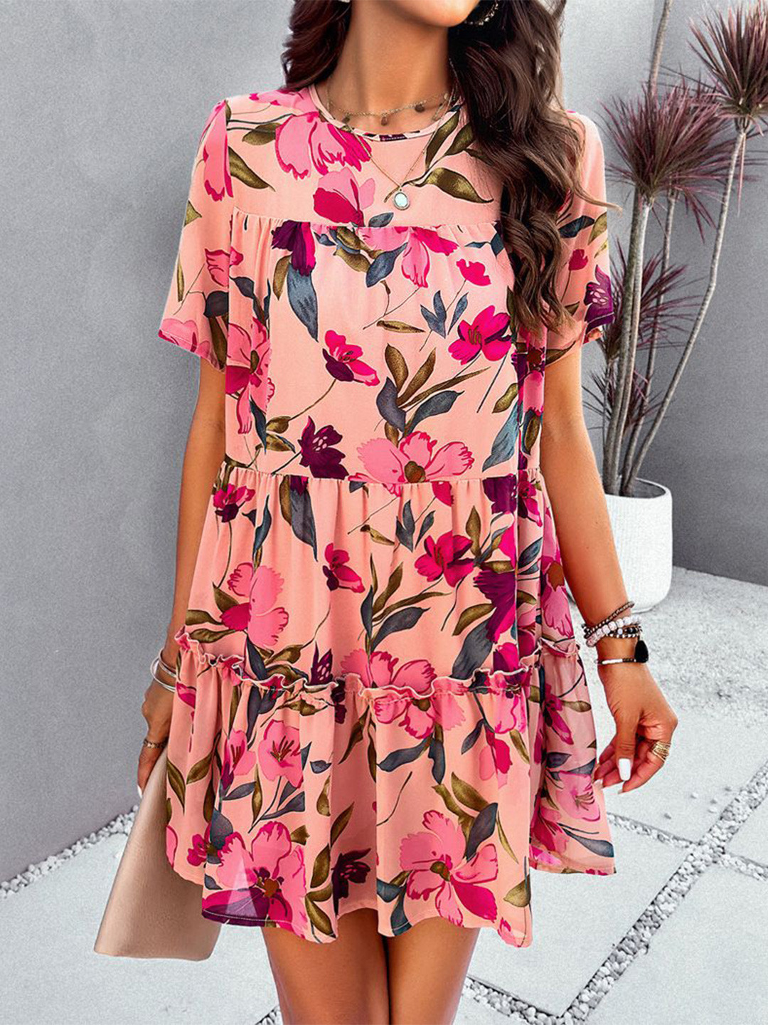 StyleCast Floral Printed Round Neck Short Sleeves Empire Mini Dress