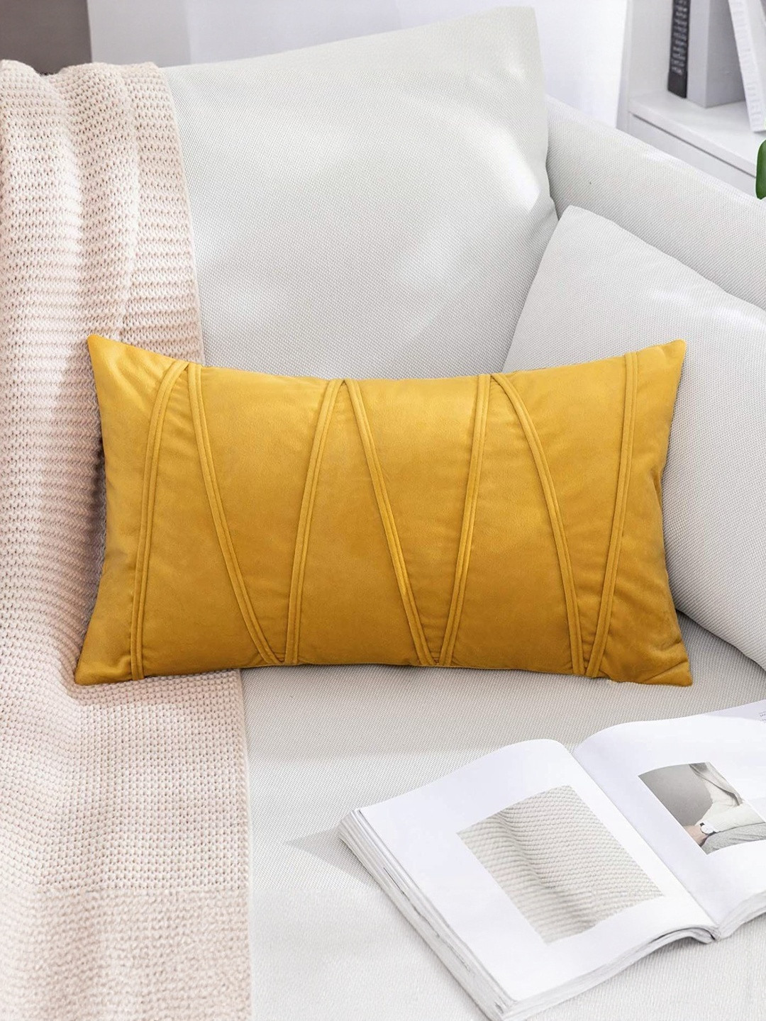 Khooti Gold-Toned Self Design Velvet Breathable Rectangle Cushion Cover14 x 20 Inch