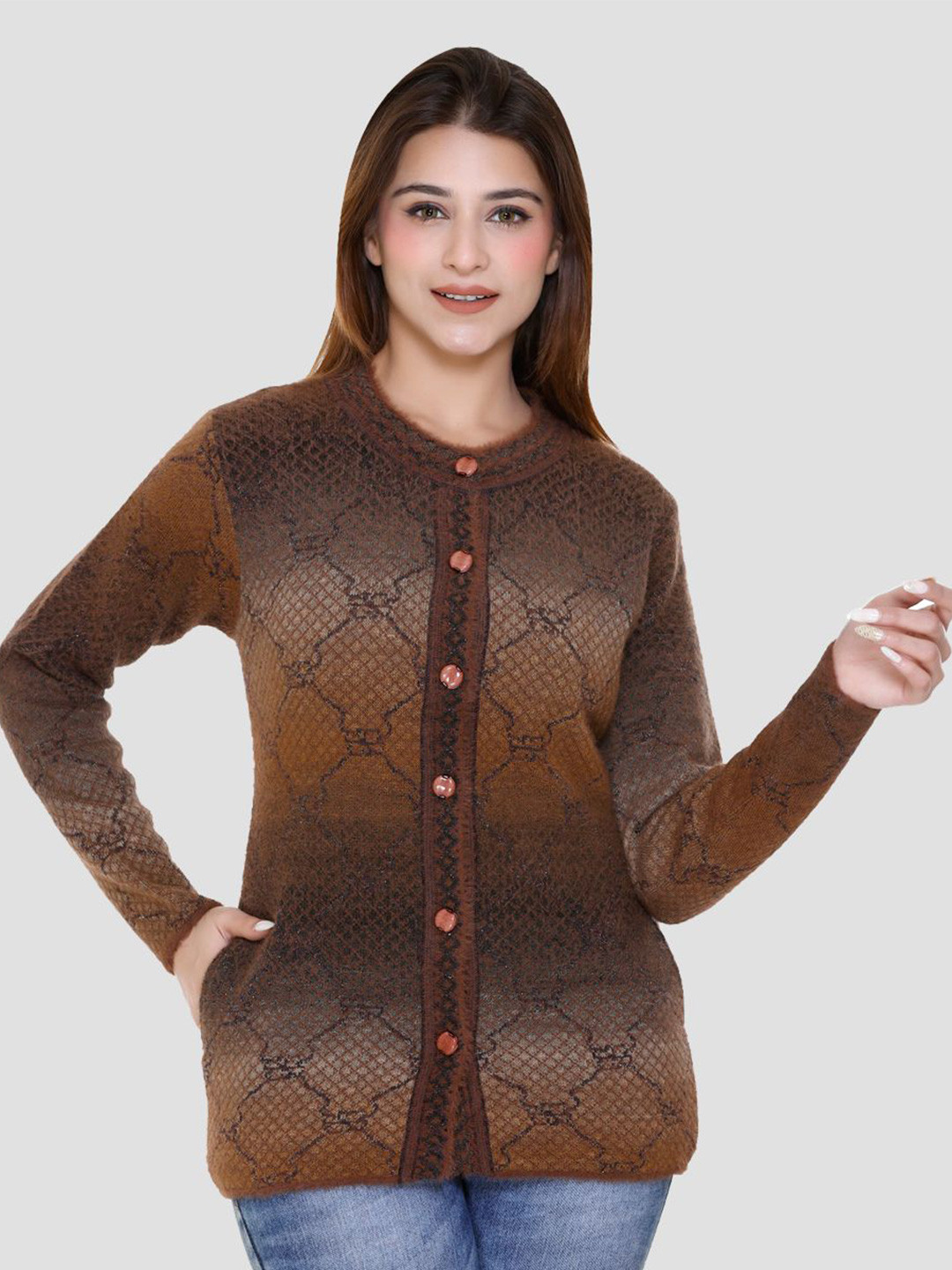 aarbee Women Full Sleeve Round Neck Woollen Cardigan with Pockets