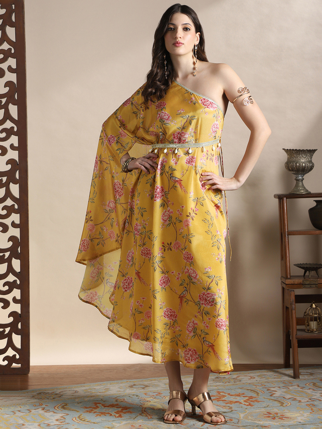 Globus Women One Shoulder Printed Maxi Fusion Kaftan Dress Comes with a belt