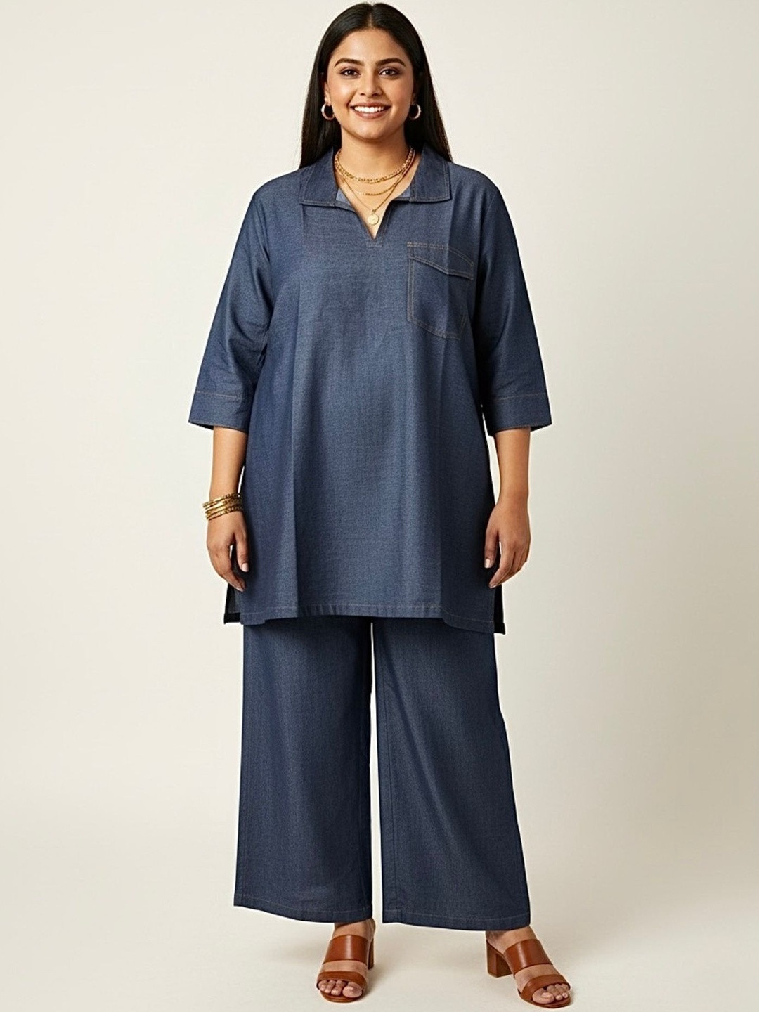 TRUE SISTERS Linen V-Neck Kurta With Trousers