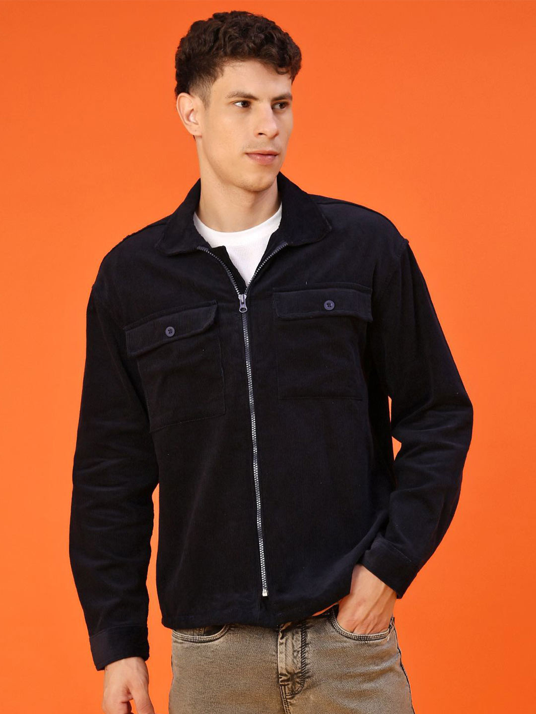 V-Mart Textured Chest Pocket Spread Collar Cotton Shirt