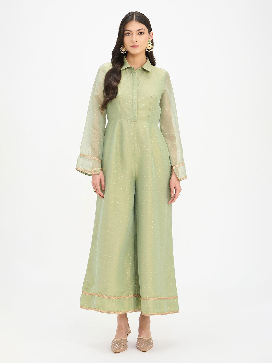 Virgio Women Self Design Viscose Shirt Collar Long Sleeves Wide Leg Jumpsuit