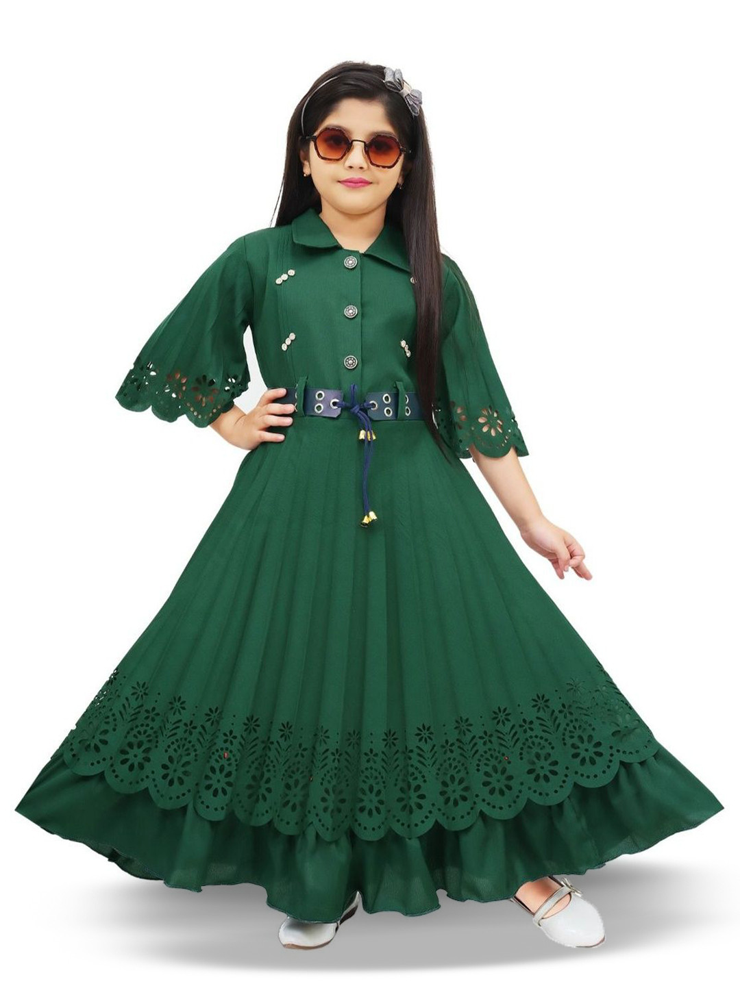 S M SARFUL Girls Layered Schiffli Flared Shirt Collar Cotton Fit & Flare Maxi Dress