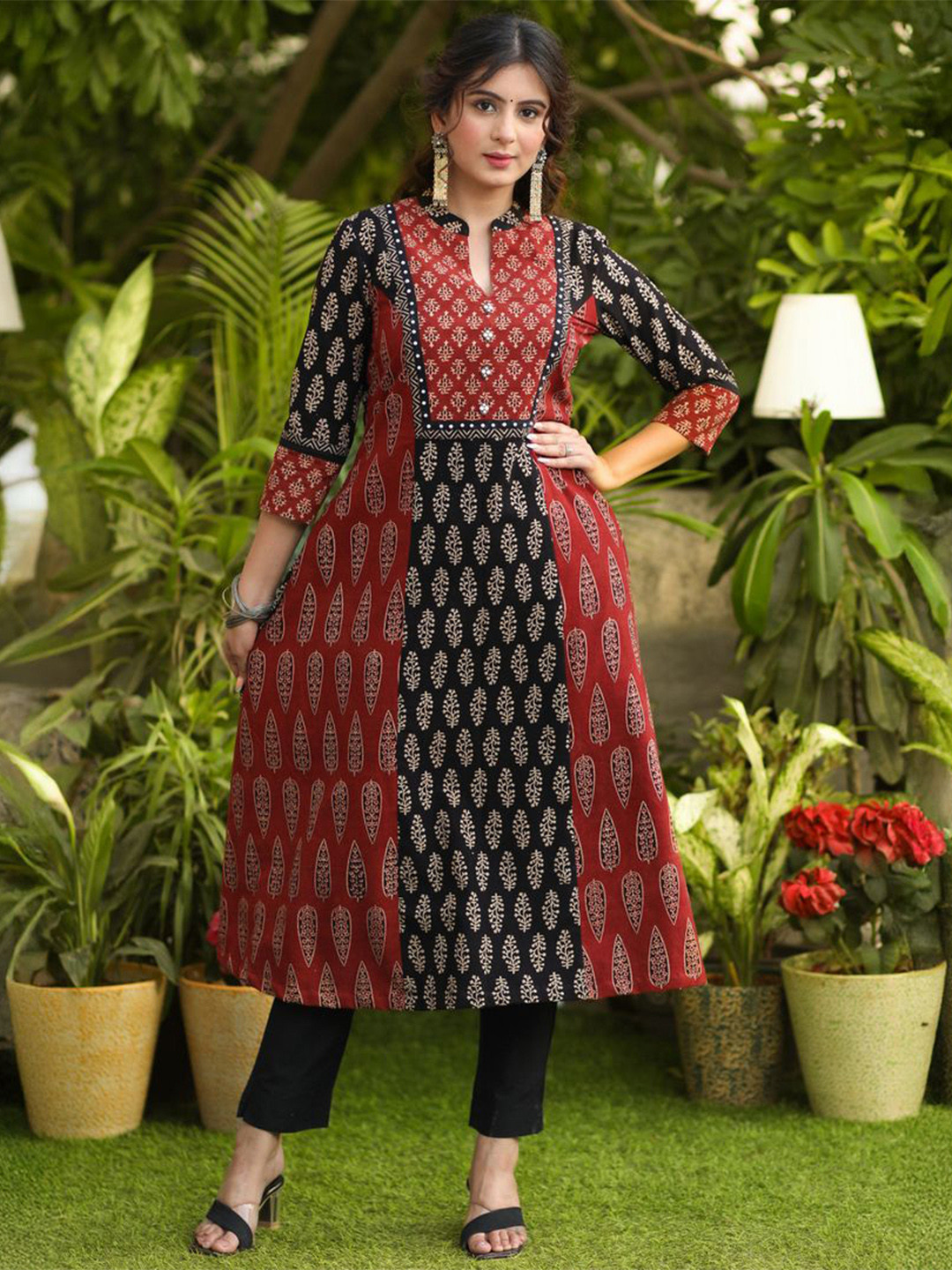 SUJATRA Ethnic Motifs Ajrakh Printed Panelled Beads And Stones Pure Cotton A-Line Kurta