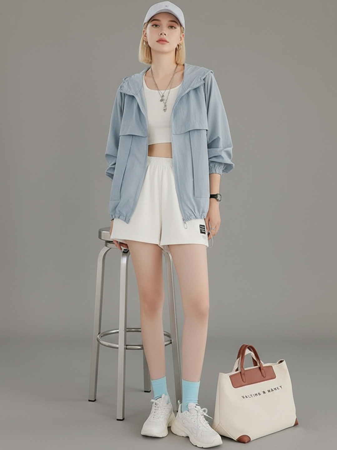 HERE&NOW Grayish Blue Hooded Long Sleeves Women Jacket