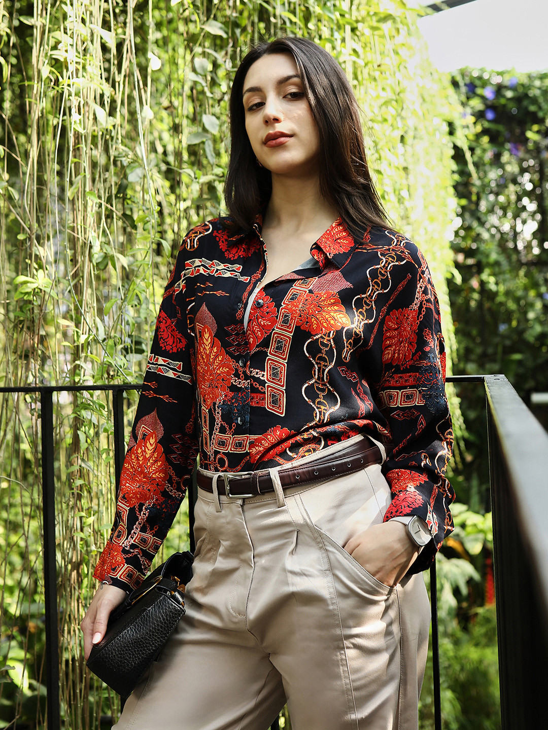 PINACOLADA Comfort Fit Abstract Artistic Block Printed Spread Collar Oversized Fit Shirt