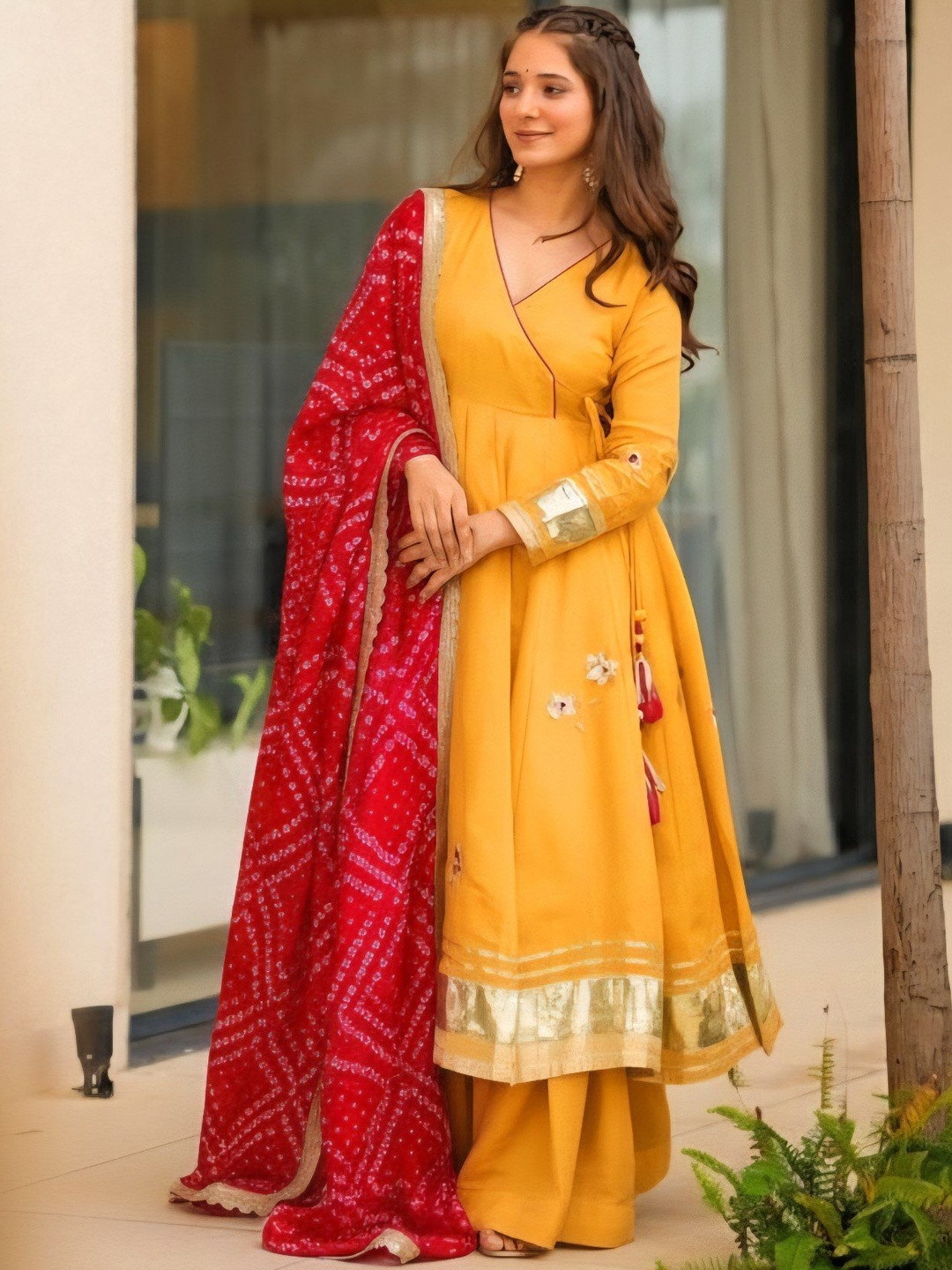 SWORNY FASHION Bandhani Angrakha Mirror Work  Anarkali Kurta With Palazzos & Dupatta