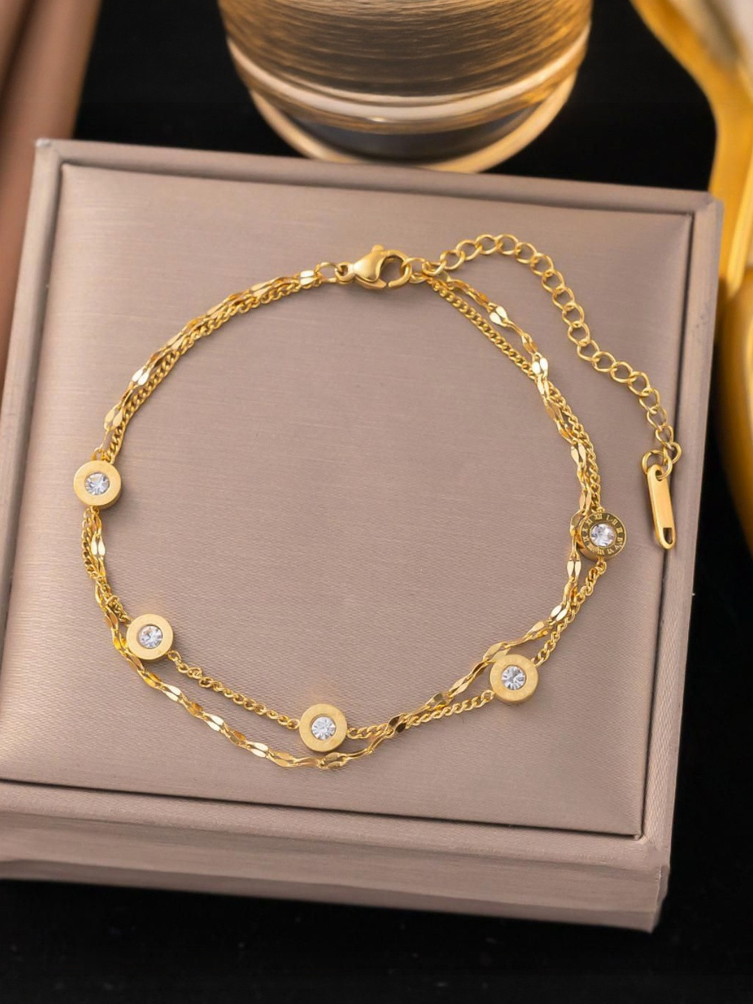 MYKI Stainless Steel Gold-Plated Anti-Tarnish Crystal Dual Chain Wraparound Bracelet