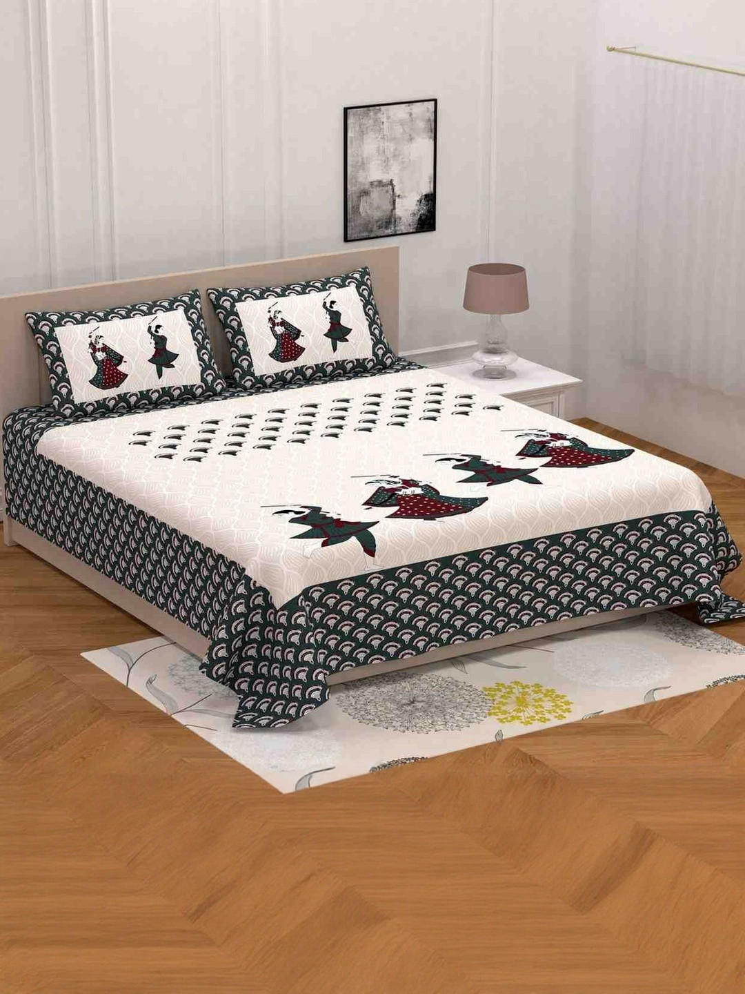 KD PRINTS Off White Printed King 180 TC Flat Bedsheet With 2 Pillow Covers 85 X 95 Inches