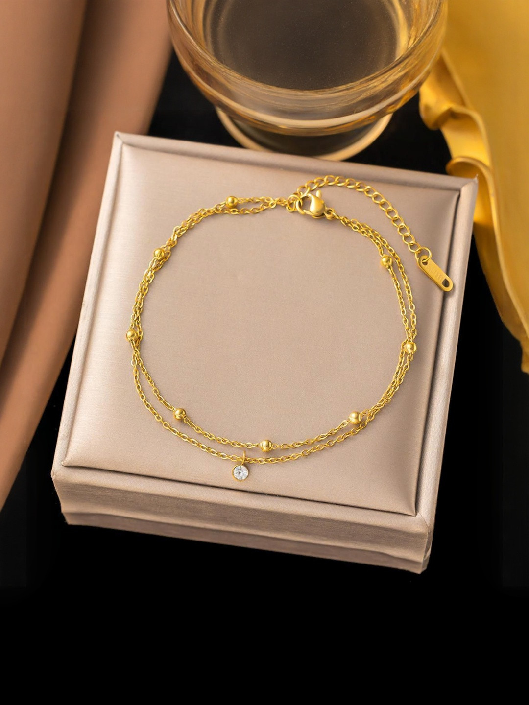 MYKI Gold-Plated Stainless Steel Anti-Tarnish Stones Studded Dual Chain Link Bracelet