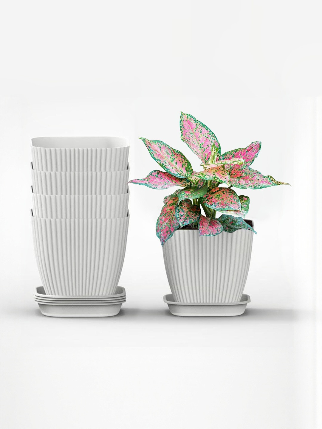 Decorway White 5 Pieces Square Pot With Tray Planters