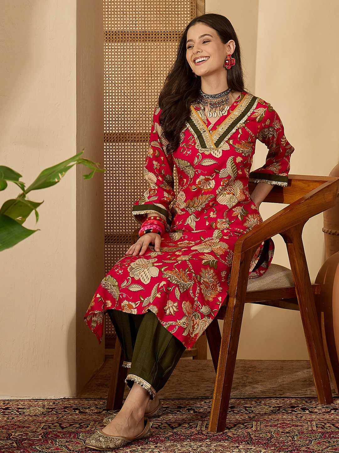 Sangria Women Floral Print A-line Long Kurta
