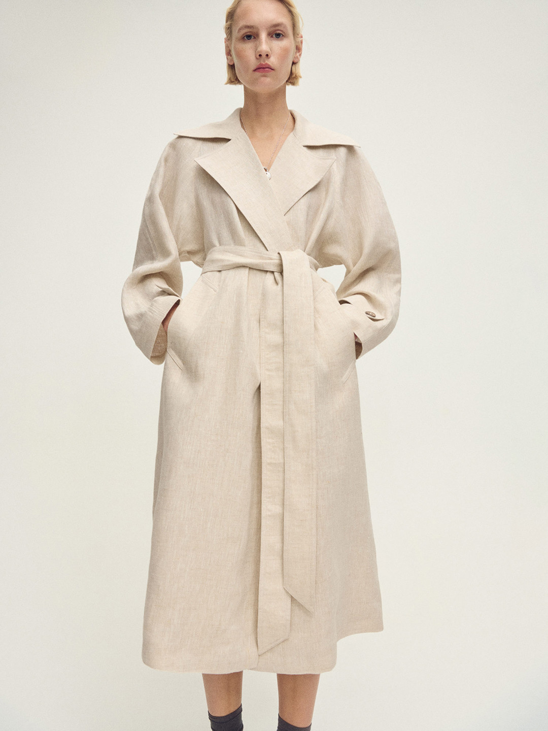 MANGO Notched Lapel Collar Linen Trench Coat