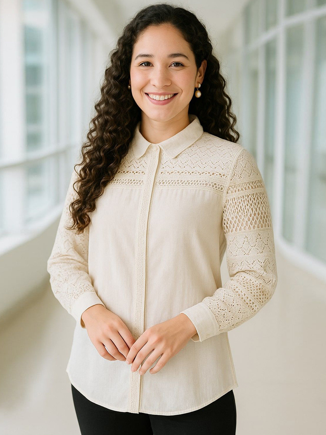 all about you Floral Self Design Classic Lace Inserts Cotton Shirt