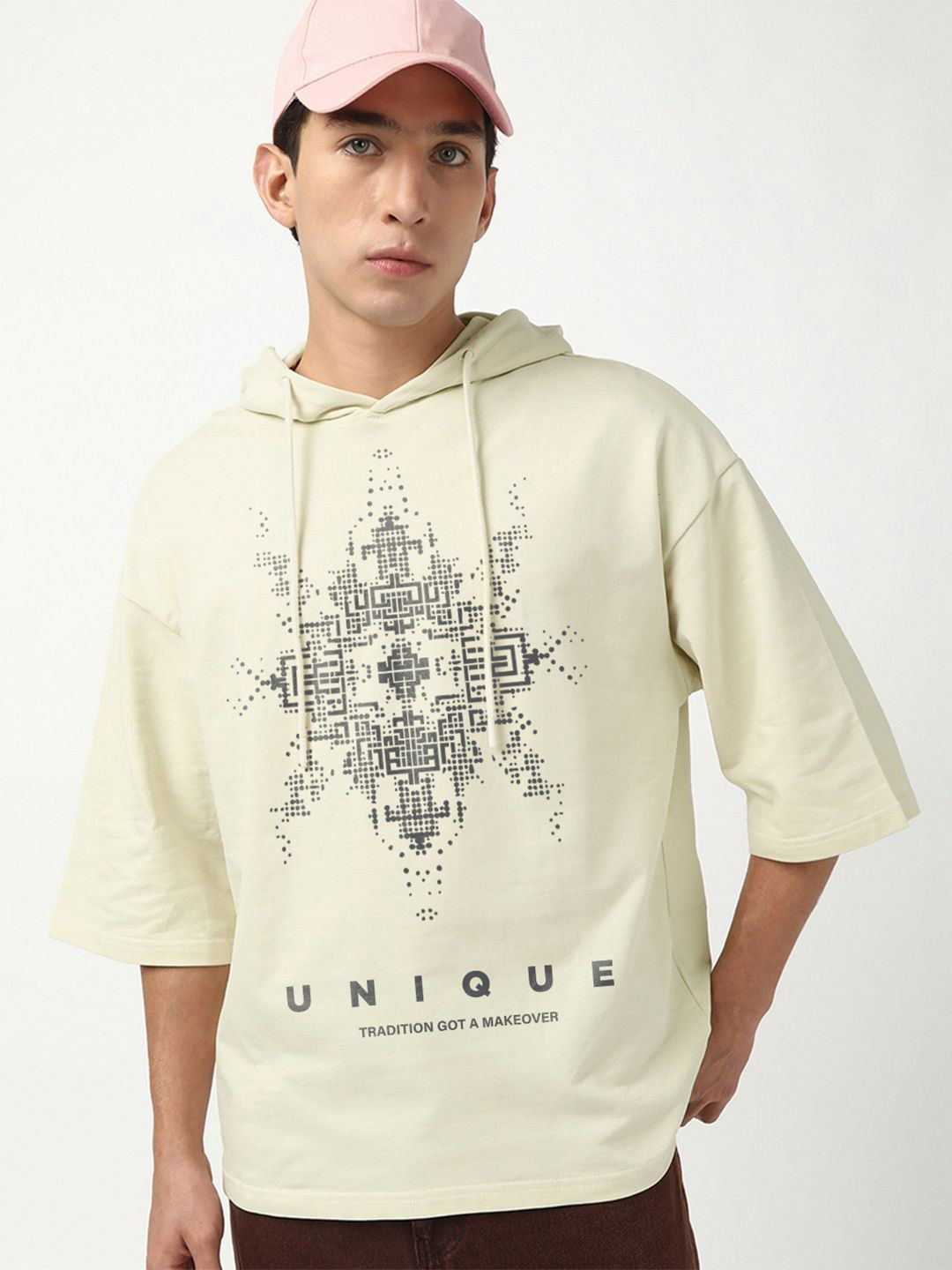 Bewakoof Men's Beige Unique Graphic Printed Oversized Hoodie T-shirt
