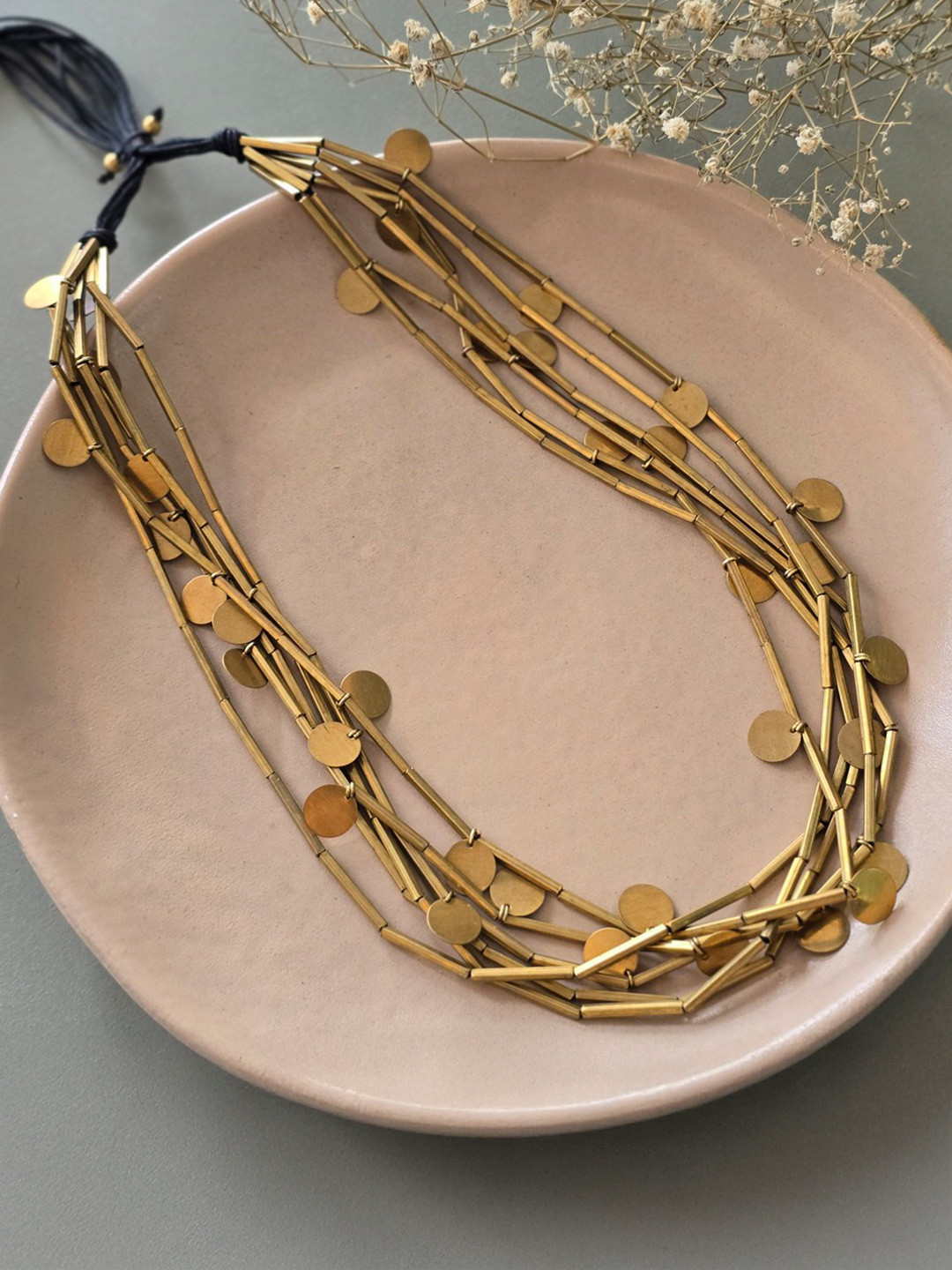 Studio Anviksha Antique Brass Gold Tone Layered Statement Necklace with Discs