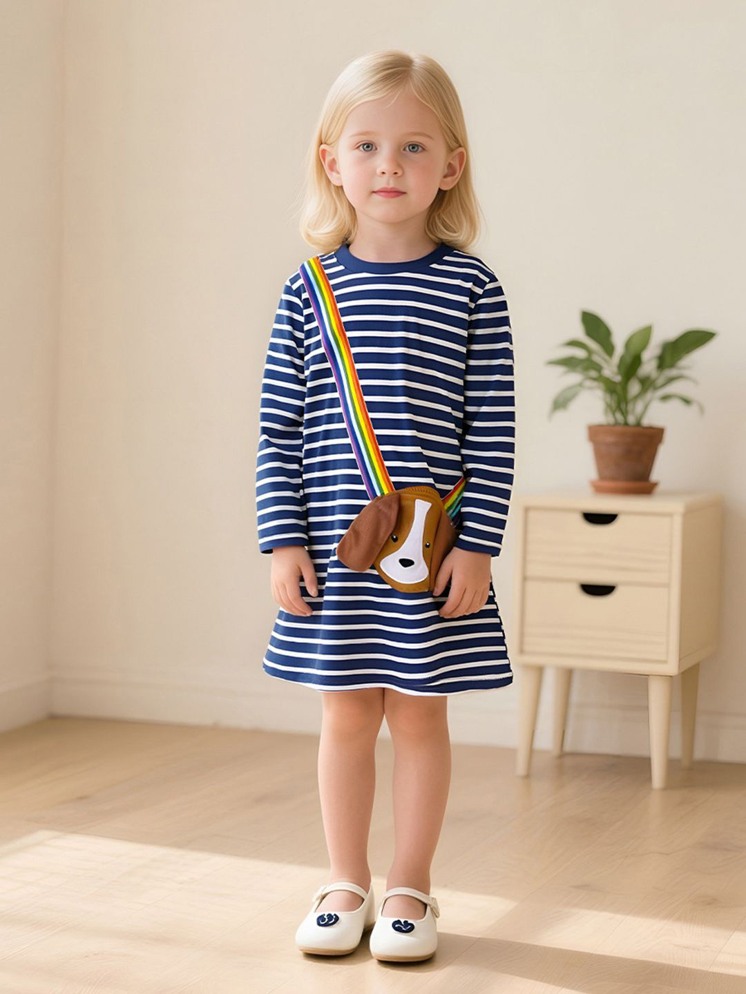 INCLUD Girls Striped Round Neck A-Line Dress With Dog Face Applique Patch Pocket