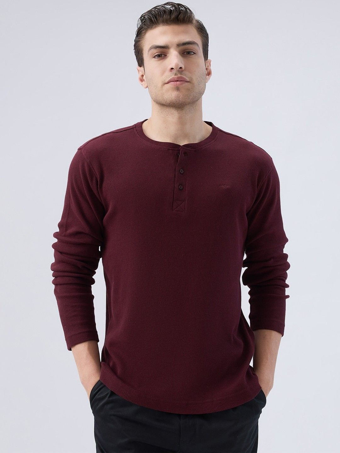 Park Avenue Self Design Henley Neck Long Sleeves T-shirt