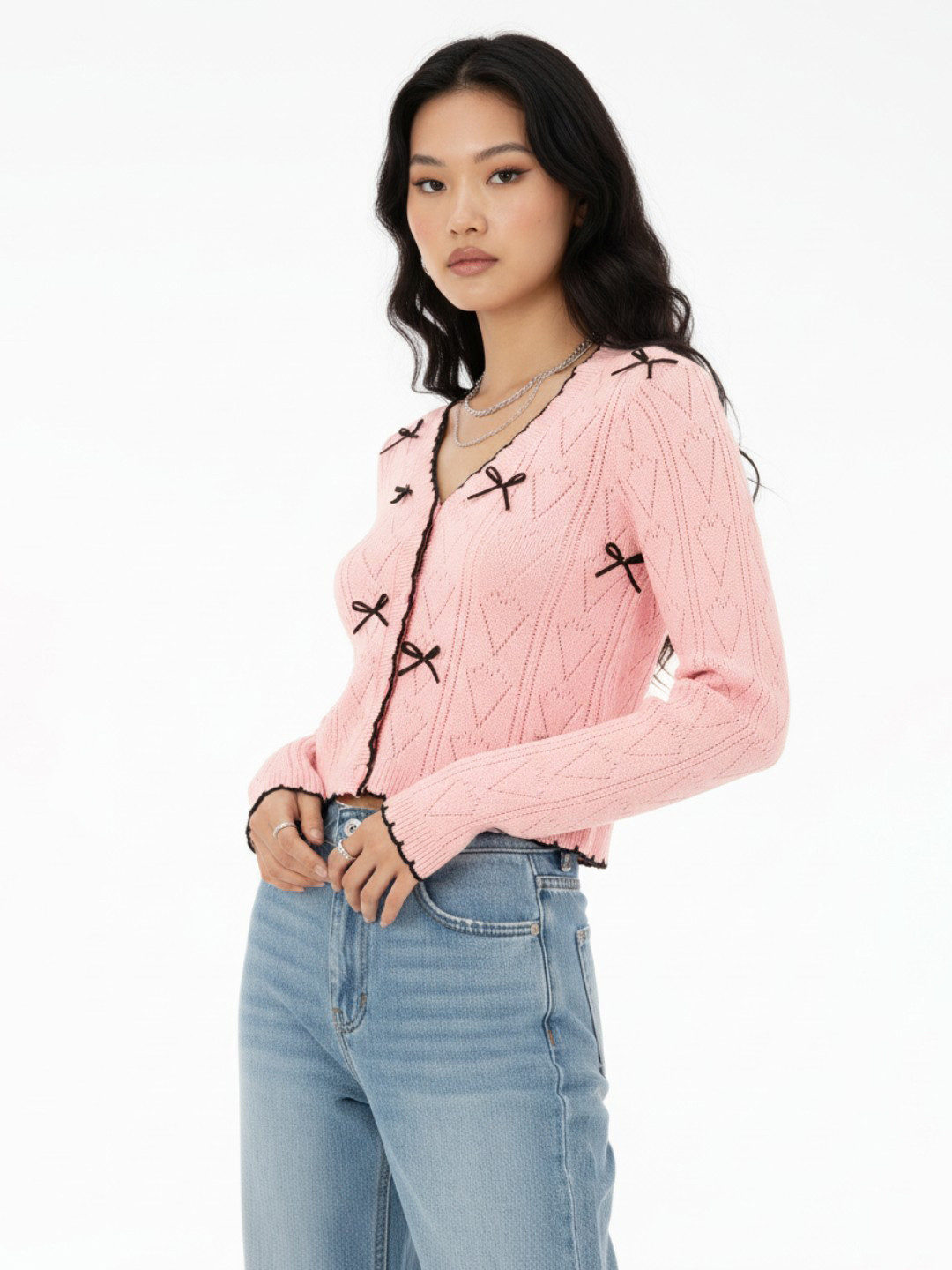 glitchez Open-Knit Bow Detail Crop Cardigan