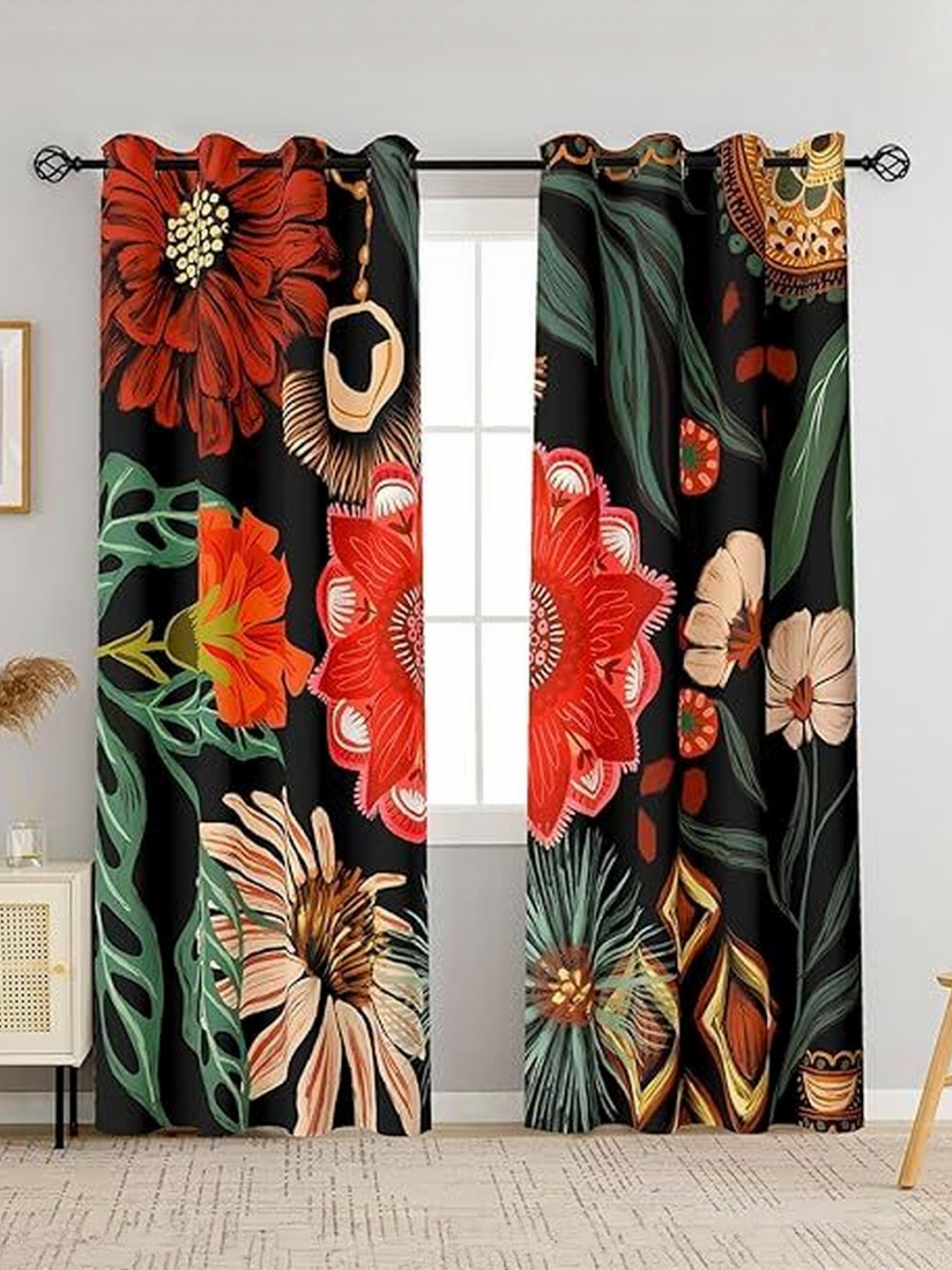 BFAM Red & Green Floral Thermal Insulated 2 Pieces Door Black Out Eyelet Curtains