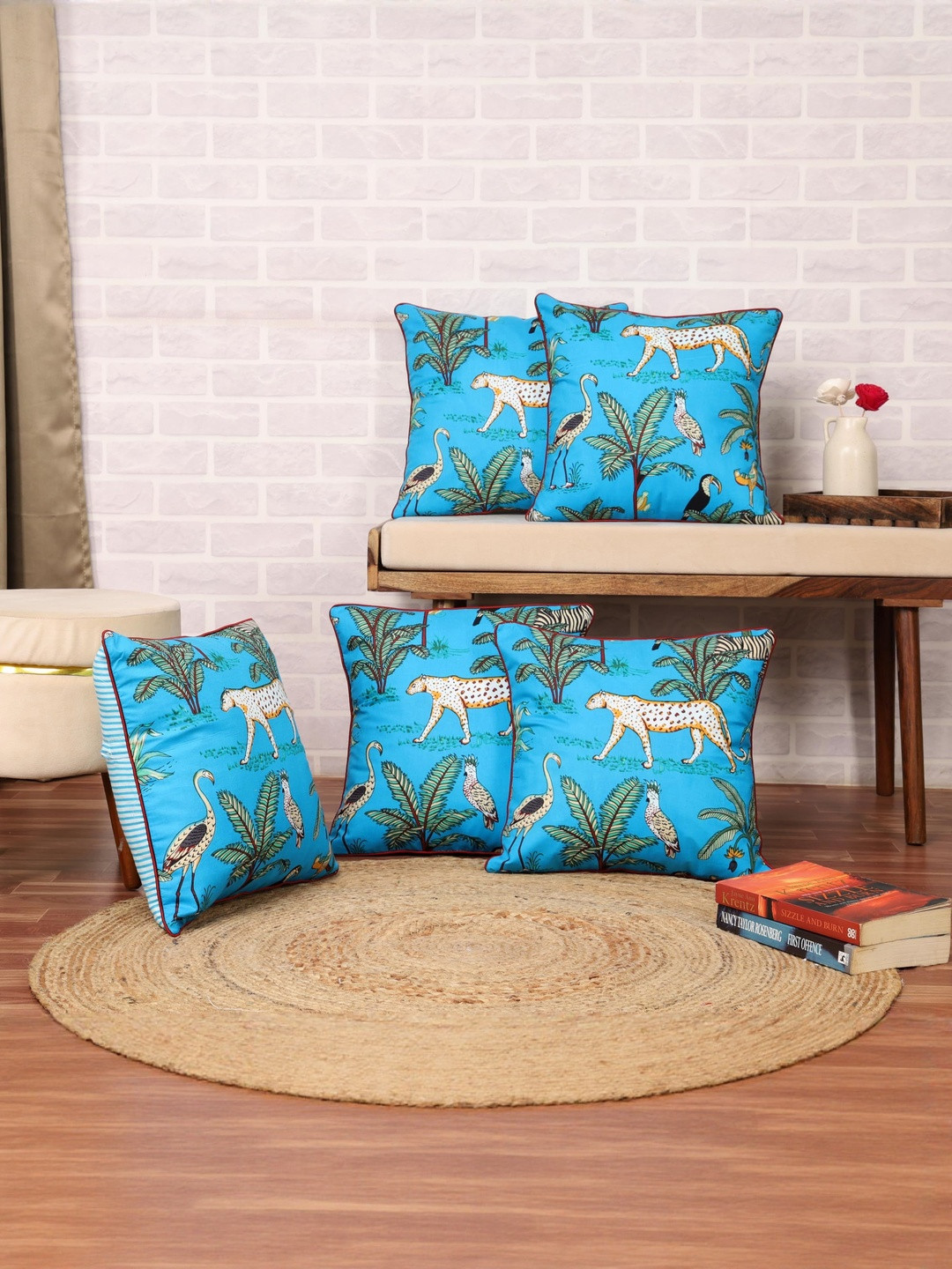 DECOWAT Blue & White 5 Pieces Animal Printed Cotton Square Shape Cushion Covers