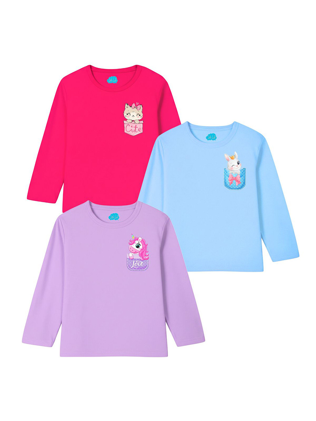 LITTLE LUSH Girls Pack Of 3 Printed Long Sleeves Cotton Regular Fit T-shirts