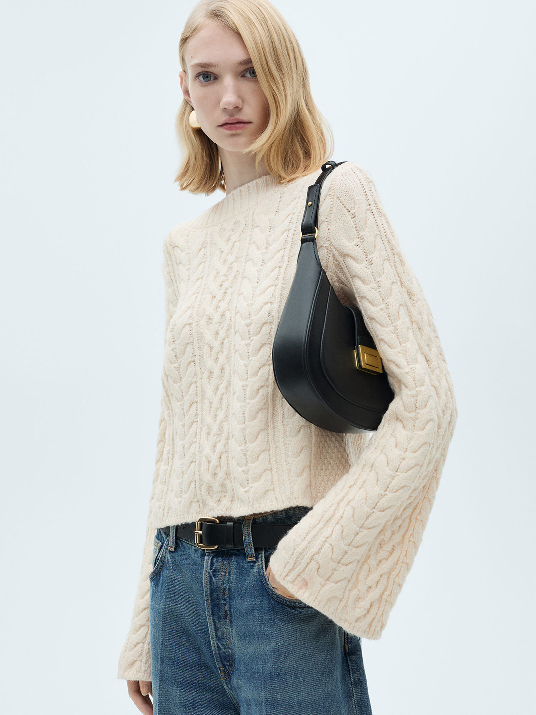 MANGO Cable Knit Flared Sleeve Pullover
