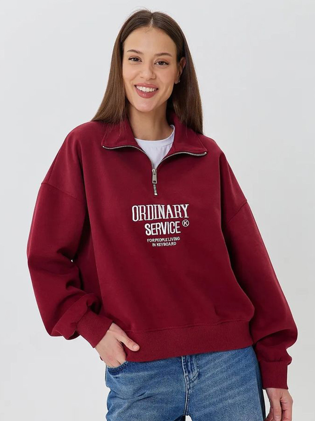 LULU & SKY Printed Zip-Through Burgundy Cotton Sweatshirt