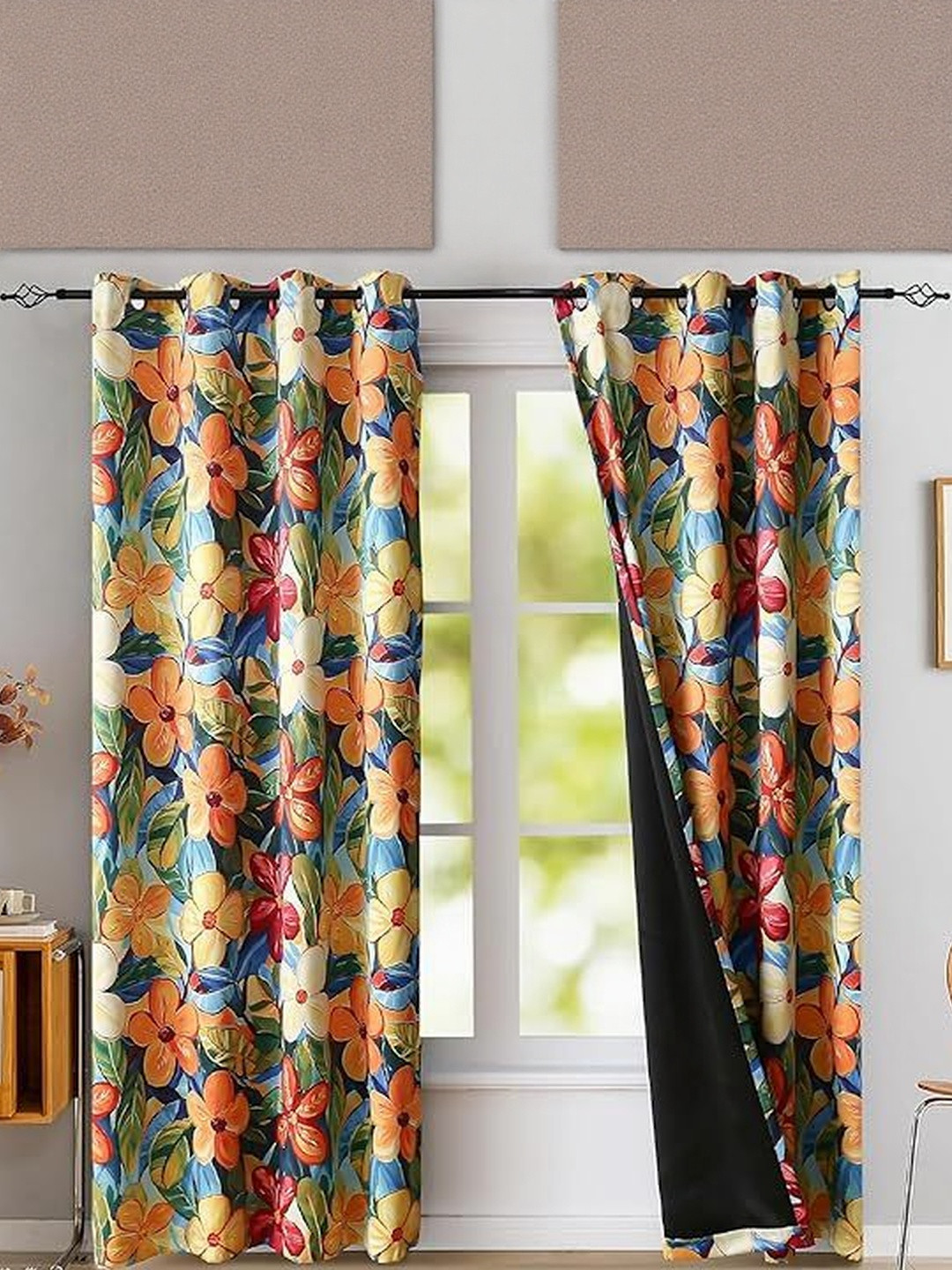 BFAM Orange & Blue Floral Thermal Insulated 2 Pieces Long Door Black Out Eyelet Curtains