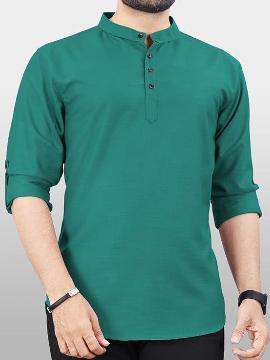 TrendiVastra Band Collar Roll-Up Sleeves Straight Kurta