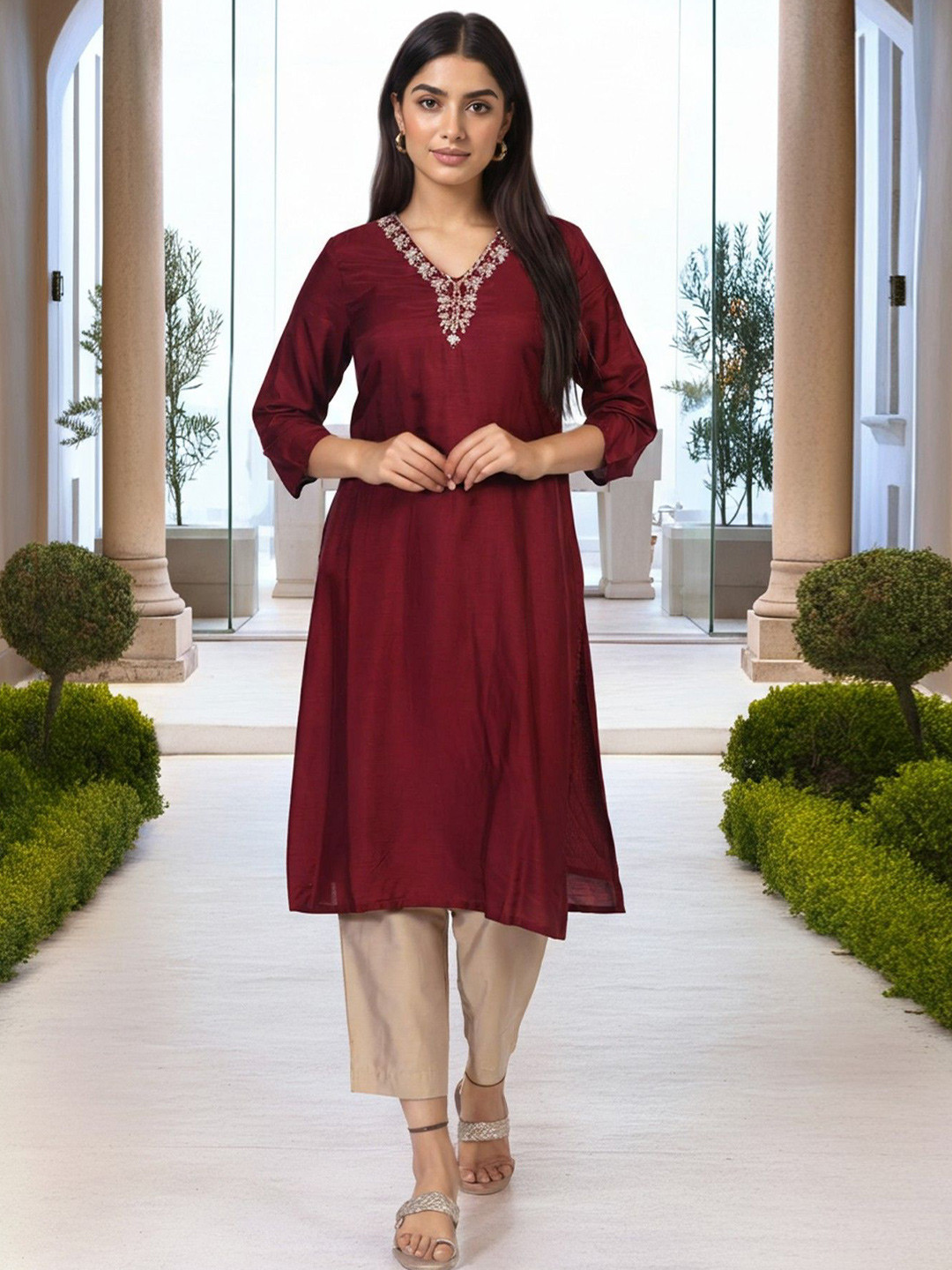 W Floral Yoke Design V-Neck Straight Silk Kurta
