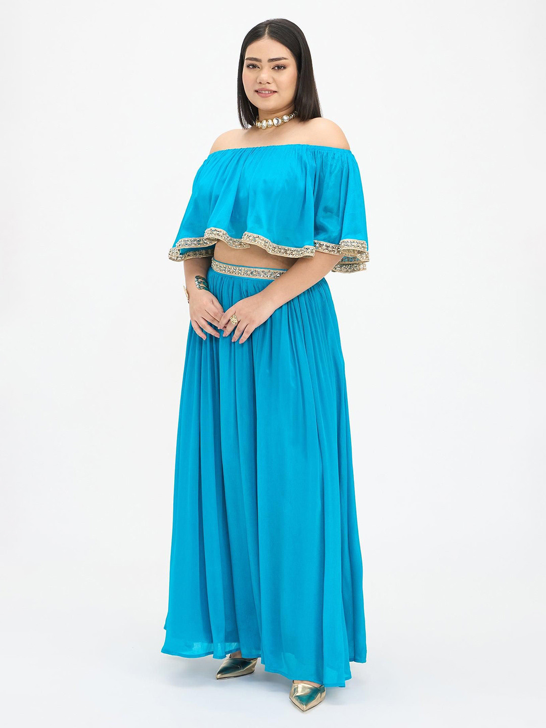 Virgio Women Solid Viscose Plus Size Maxi Flared Skirts with Lace