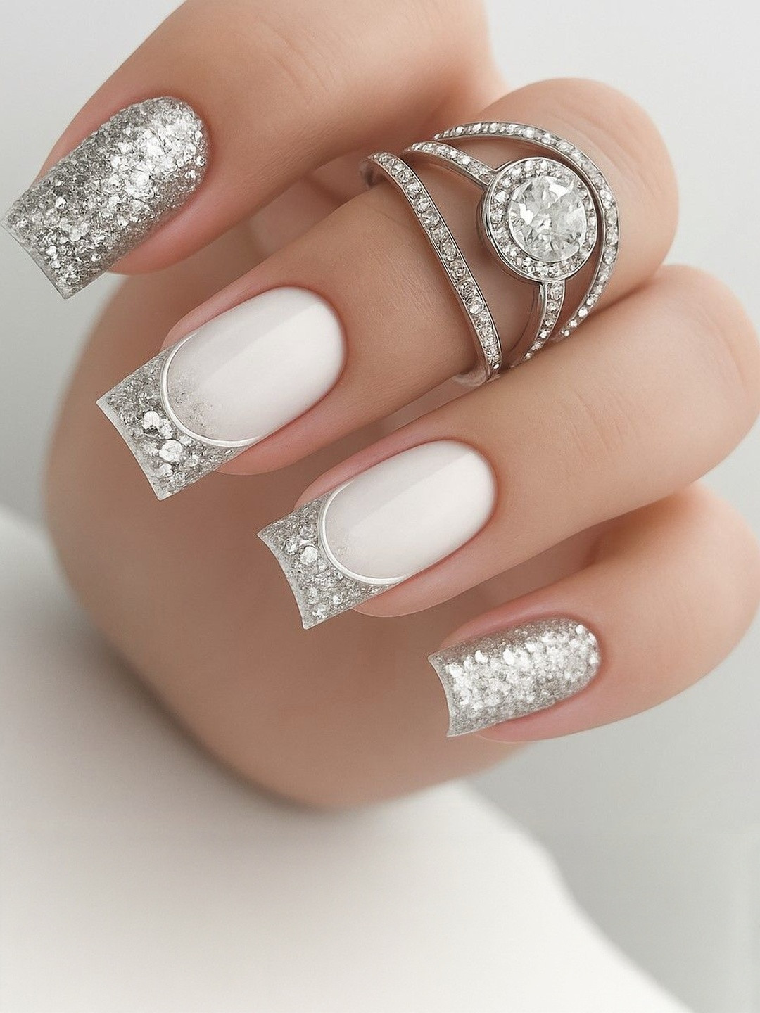 Calailis Beauty Set Of 24 Glossy Finish Press On Nails - White & Silver