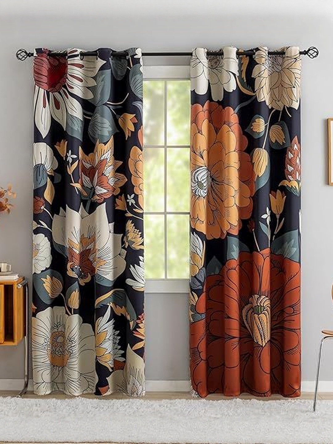 BFAM Red & Black Floral Thermal Insulated 2 Pieces Long Door Black Out Eyelet Curtains