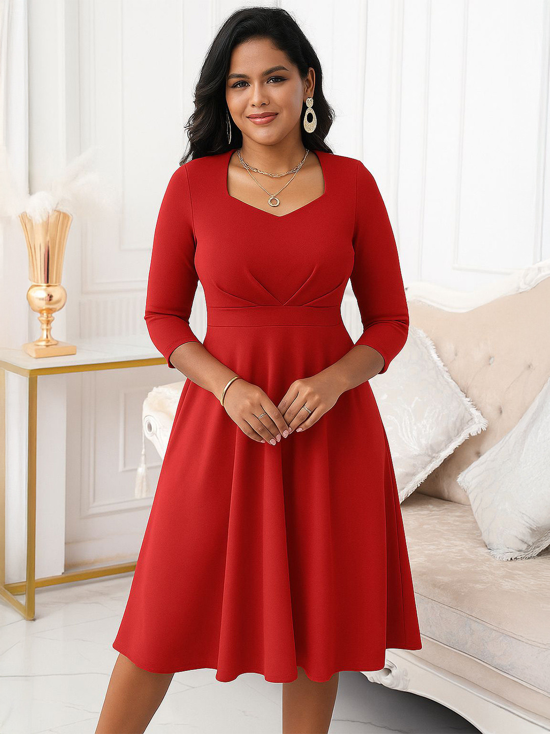 AMEEZA Women Sweetheart Neck Crepe Fit & Flare Dress