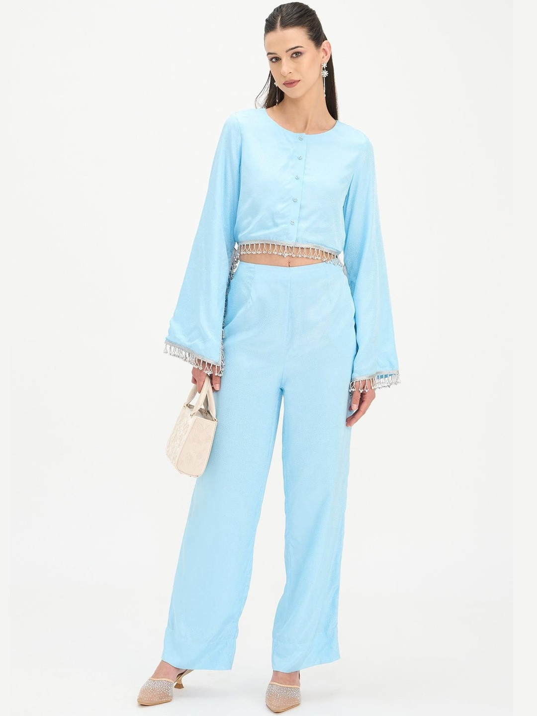 Virgio Women Self Design Viscose Round Neck Long Sleeves Boxy Crop Tops