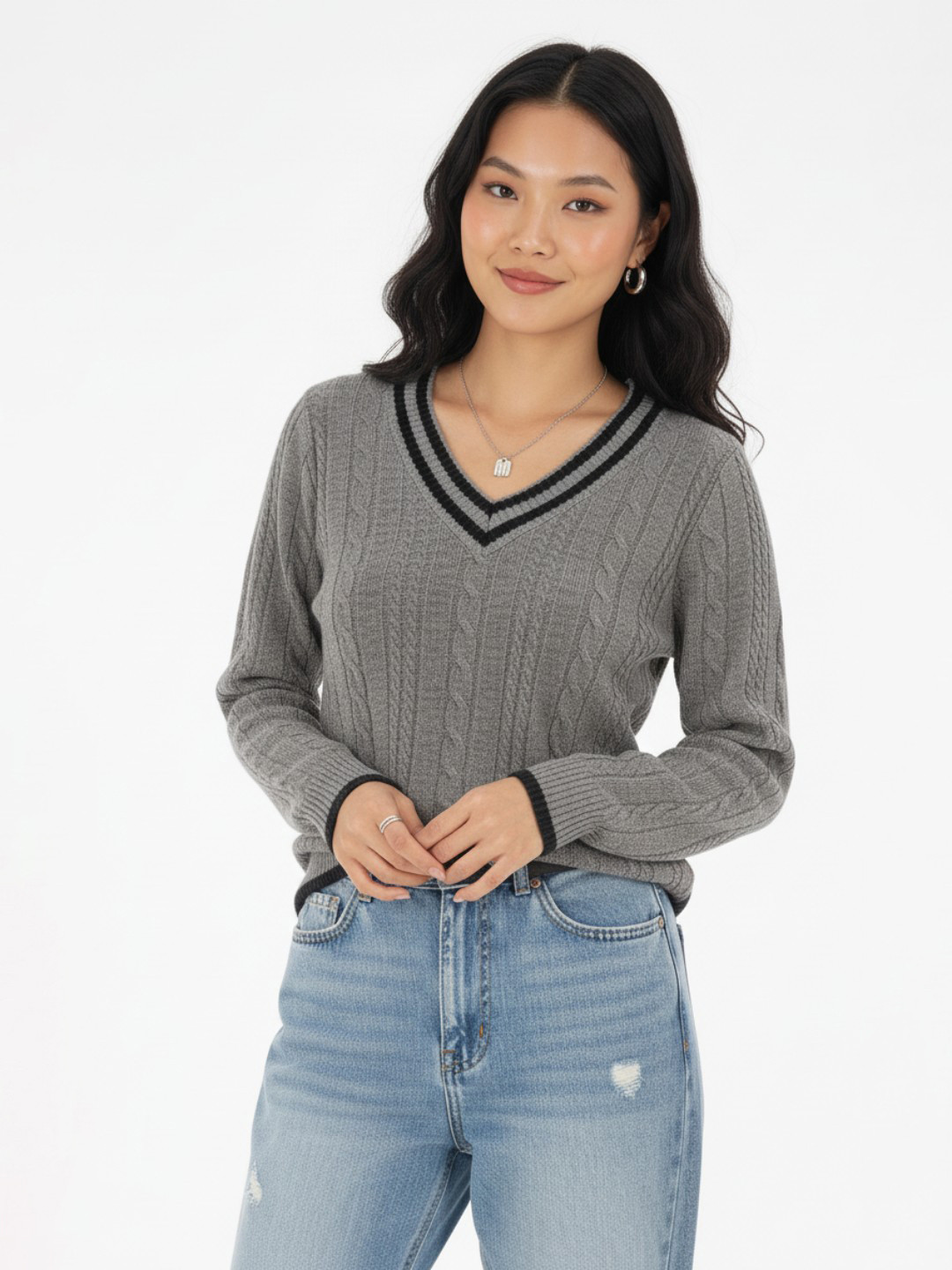 glitchez Self Design Cable Knit V-Neck Cardigan with Contrasting Edges