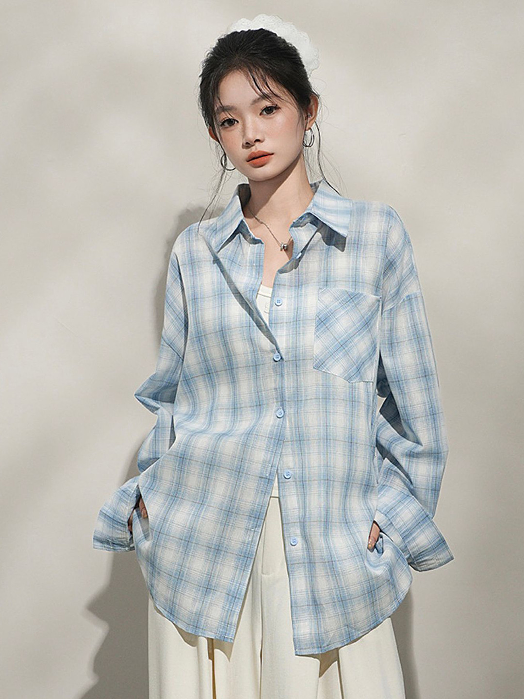 LULU & SKY Semi Sheer Checked Oversized Fit Spread Collar Shirt