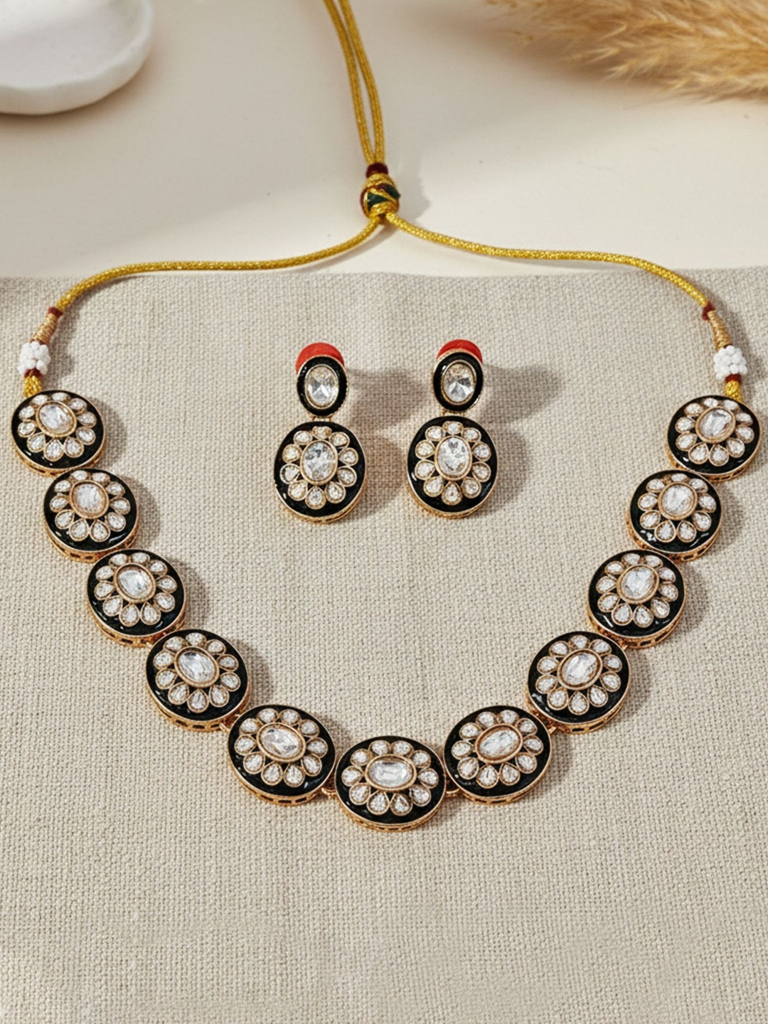 KARATCART Gold-Plated Meena Floral Kundan Studded Jewellery Set