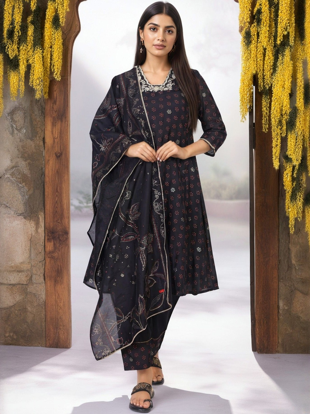 W Ethnic Motifs Printed Square Neck Thread Work Kurta With Trouser & Dupatta