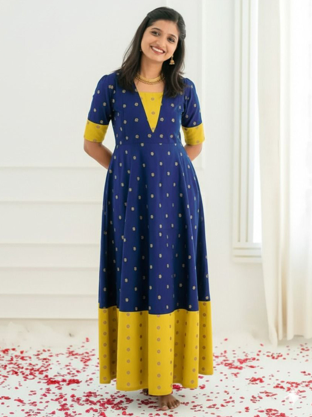 Putchi Women Ethnic Motifs Printed Gathered or Pleated V-Neck Fit and Flare Maxi Dress