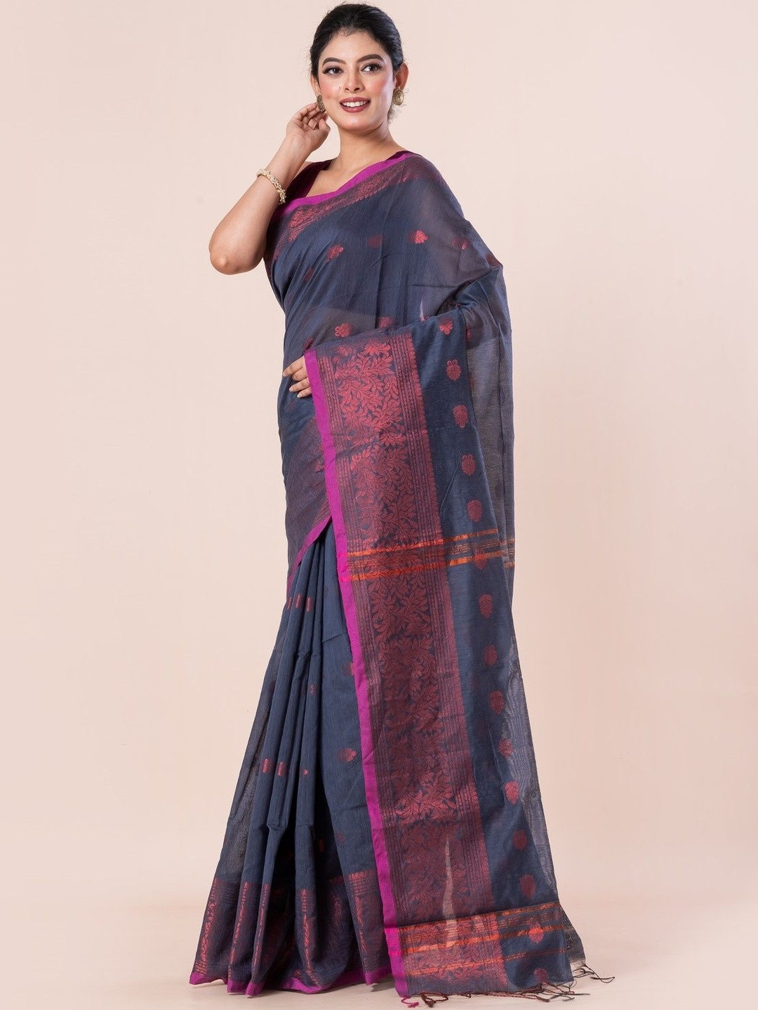 CXMAT Woven Design Taant Saree With Blouse Piece